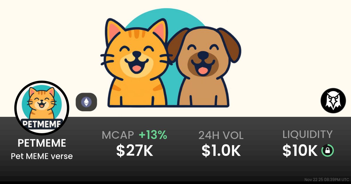 Spatial_Hero's tweet card. $0.00002742 Pet MEME verse (PETMEME) realtime price charts, trading history and info - PETMEME / WETH on Ethereum / Uniswap