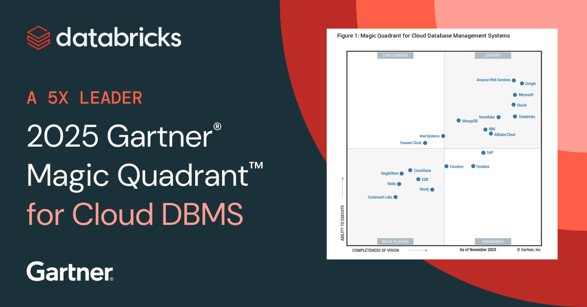 ernesttheaiguy's tweet card. Gartner has recognized Databricks as a Leader for a fifth consecutive year in the 2025 Gartner® Magic Quadrant™ for Cloud Database Management Systems.