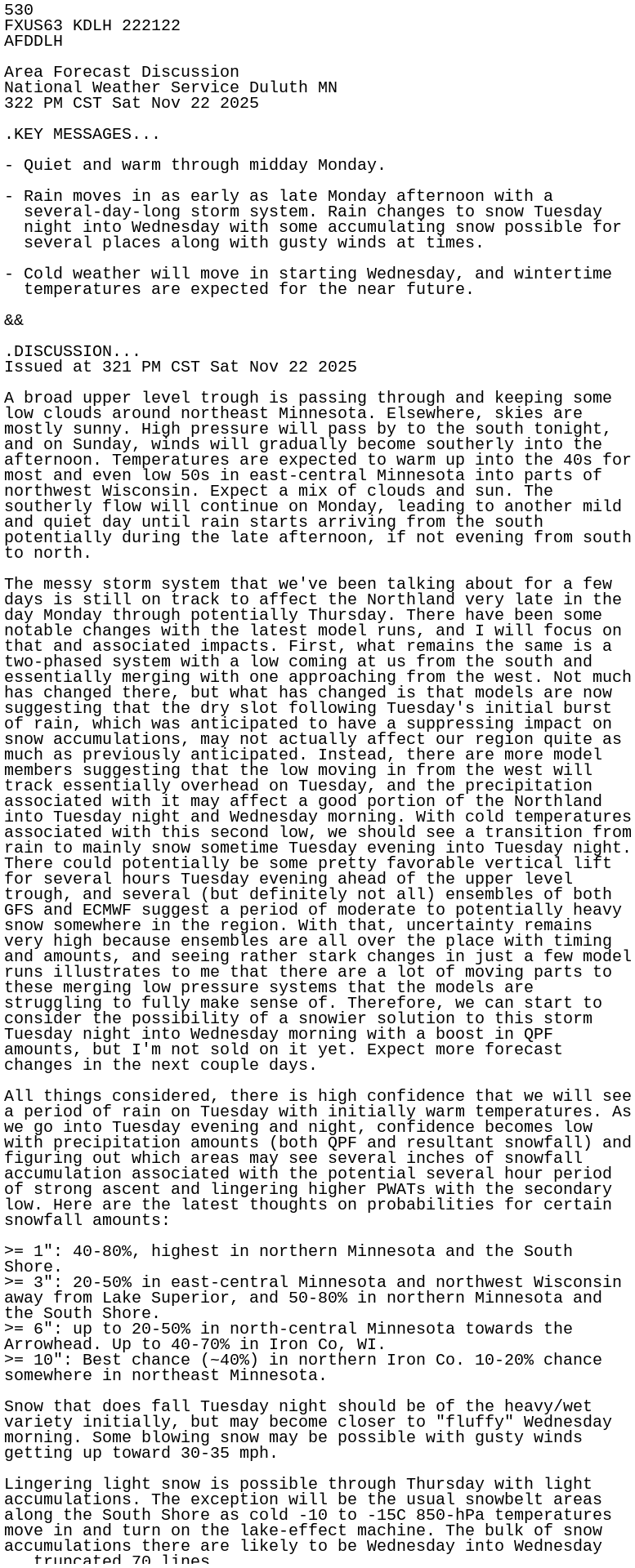 iembot_dlh's tweet card. AFD issued by NWS DLH at 22 Nov 2025 21:22 UTC