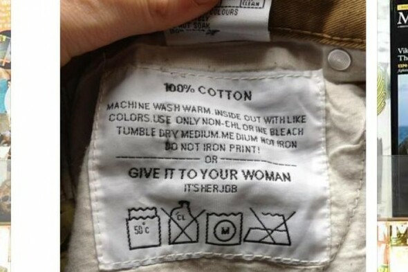 Learnfirst's tweet card. Men’s retailer in hot water over trouser’s washing label instructing “Give it to your woman”.