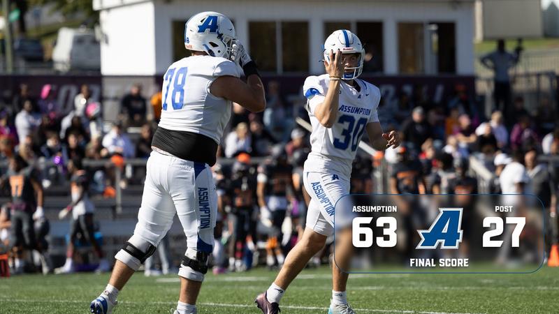 GoAssumptionU's tweet card. WATERBURY, Conn. - The Assumption University football team scored a season-high 63 points, as the team had 592 yards of offense, as the Greyhounds soared past Post University 63-27 in Northeast 10...