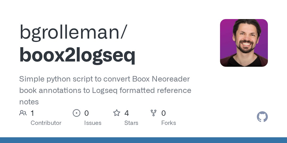 ToolsonTech's tweet card. Simple python script to convert Boox Neoreader book annotations to Logseq formatted reference notes - bgrolleman/boox2logseq