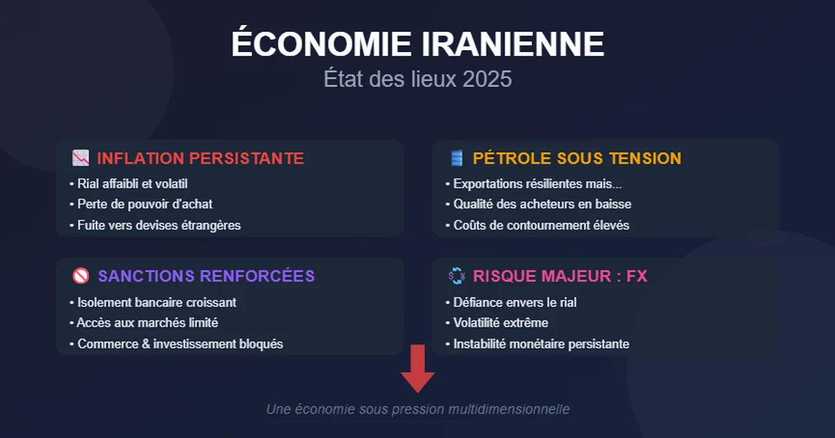 assadi3000's tweet card. Comprehensive infographic analyzing Iran's economic challenges in 2025: persistent inflation, oil export tensions, reinforced sanctions, and currency instability.