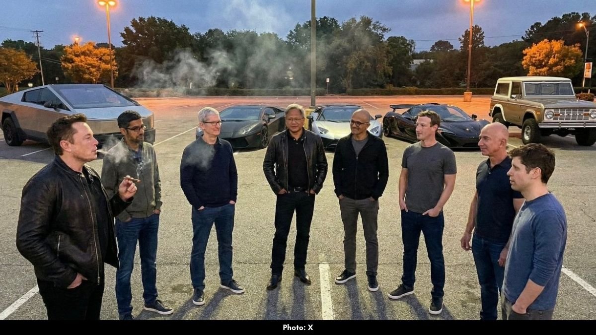 loudfactcom's tweet card. The viral $1 Trillion Squad image featuring Musk, Zuckerberg, Pichai, Huang, Altman, Cook, and Bezos is AI-generated — but its dramatic, movie-style vibe has taken the internet by storm.