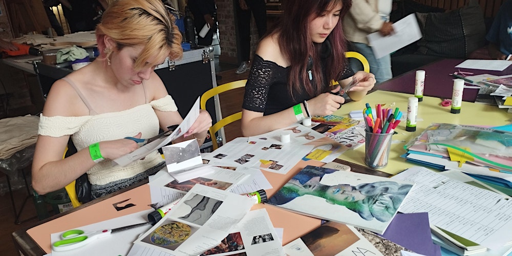 assemblagecoll1's tweet card. Join us for a creative journaling workshop with writing prompts, mixed media collage and mark making to explore your thoughts and memories.