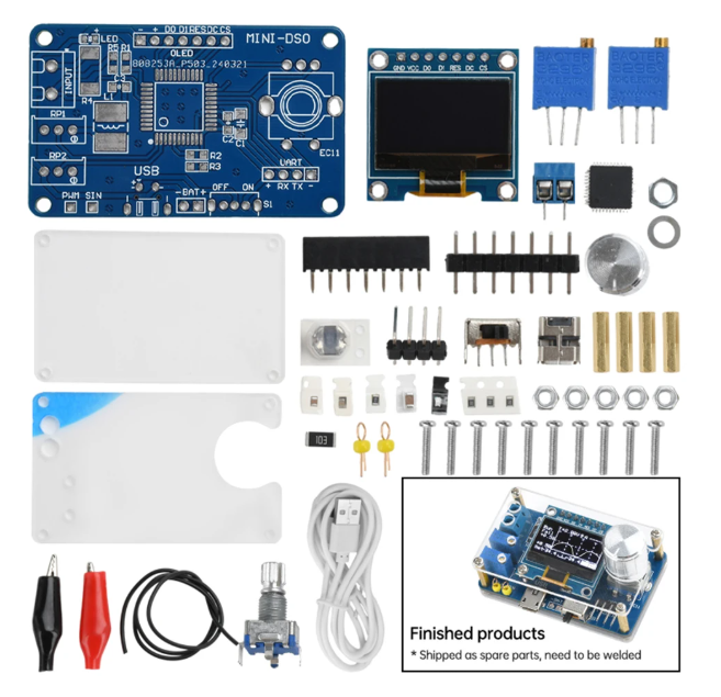 electronicwork7's tweet card. オシロスコープを作れるキットです。 ※チップICやチップ抵抗、チップLEDのはんだ付けがございます。そのため、はんだ付け上級者向けのキットとなります。 仕様 ・動作電圧:DC5V(マイクロUSB Type-B付属） ・電圧範囲:0~30V (LSB を調整する必要があります) ・レベルサンプリング: 10kHz@100us/div ・秒/分: 500ms、200ms、100ms、50ms、2...