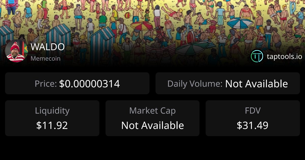 IOHK_Charles's tweet card. The current real-time price of WALDO/USD stands at 0.00000314 USD, with a 24-hour trading volume of 0 USD.