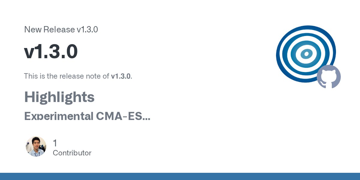OptunaAutoML's tweet card. This is the release note of v1.3.0. Highlights Experimental CMA-ES A new built-in CMA−ES sampler is available. It is still an experimental feature, but we recommend trying it because it is much fas...