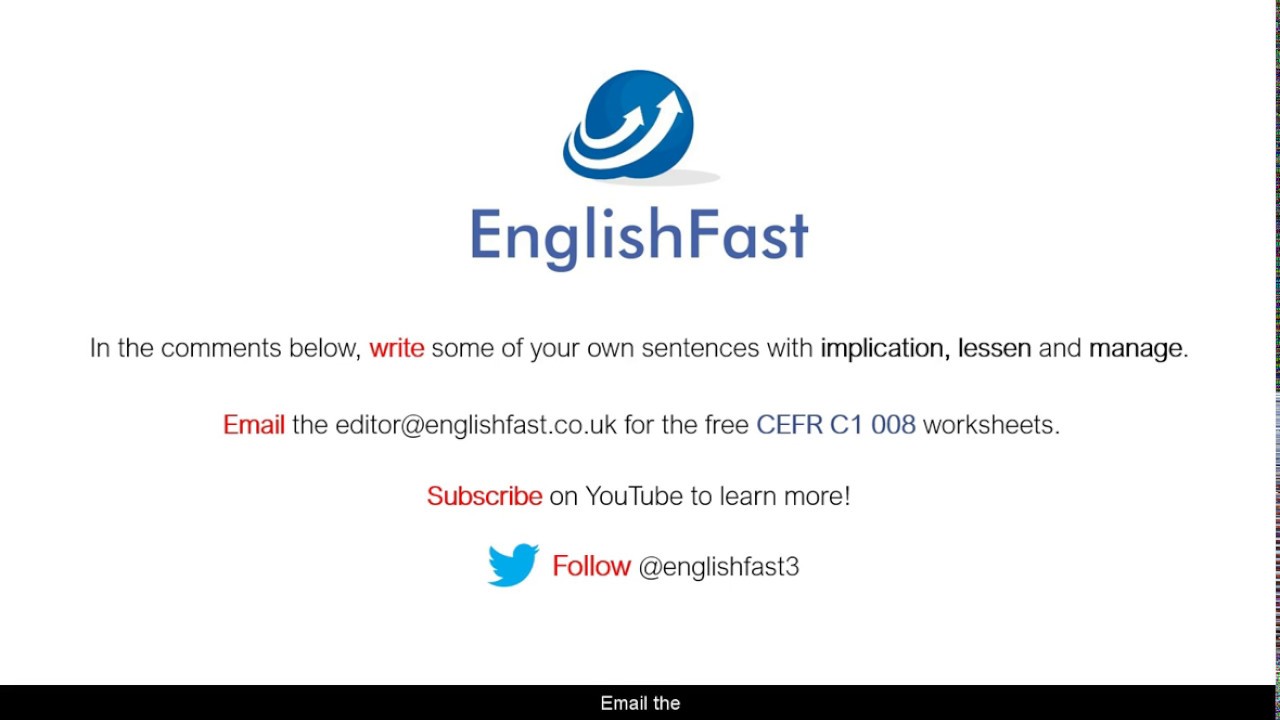 EnglishFast3's tweet card. CEFR C1 - implication, lessen, manage