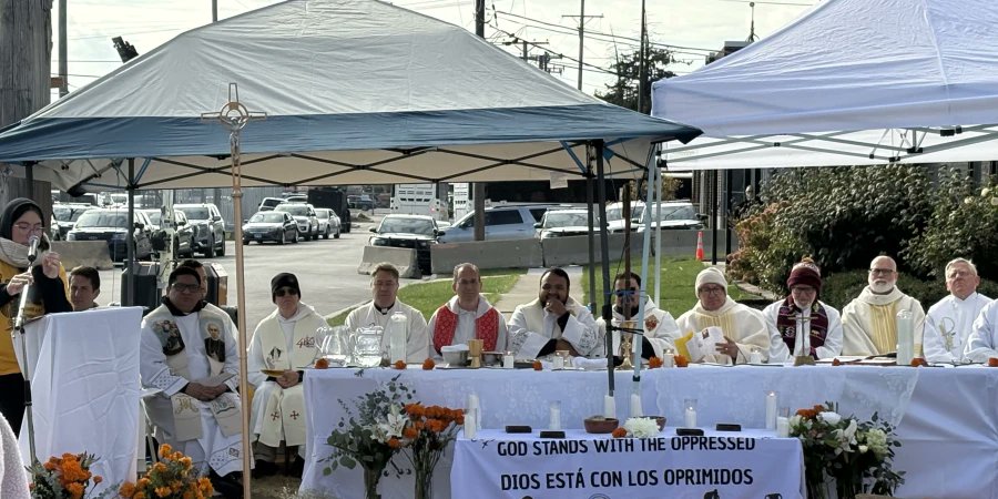 DocMyslinski's tweet card. Bishop Jose María García-Maldonado celebrated a Mass on Nov. 1 outside the Broadview facility near Chicago.