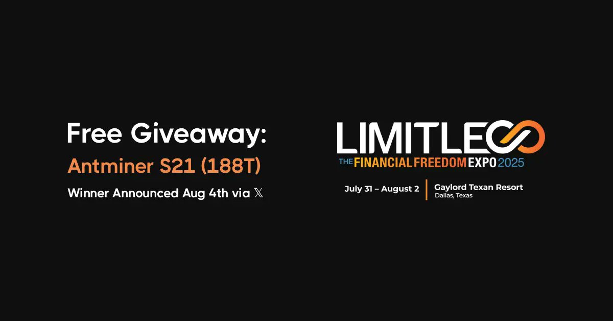 simpleminingio's tweet card. Limitless Expo Giveaway: Free Antminer S21 (188T)