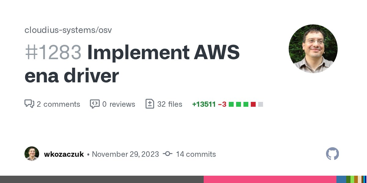 OSv_unikernel's tweet card. This pull request implements the AWS ena driver by porting the FreeBSD version from https://github.com/amzn/amzn-drivers/tree/master/kernel/fbsd/ena. The objective of this porting exercise is to ad...