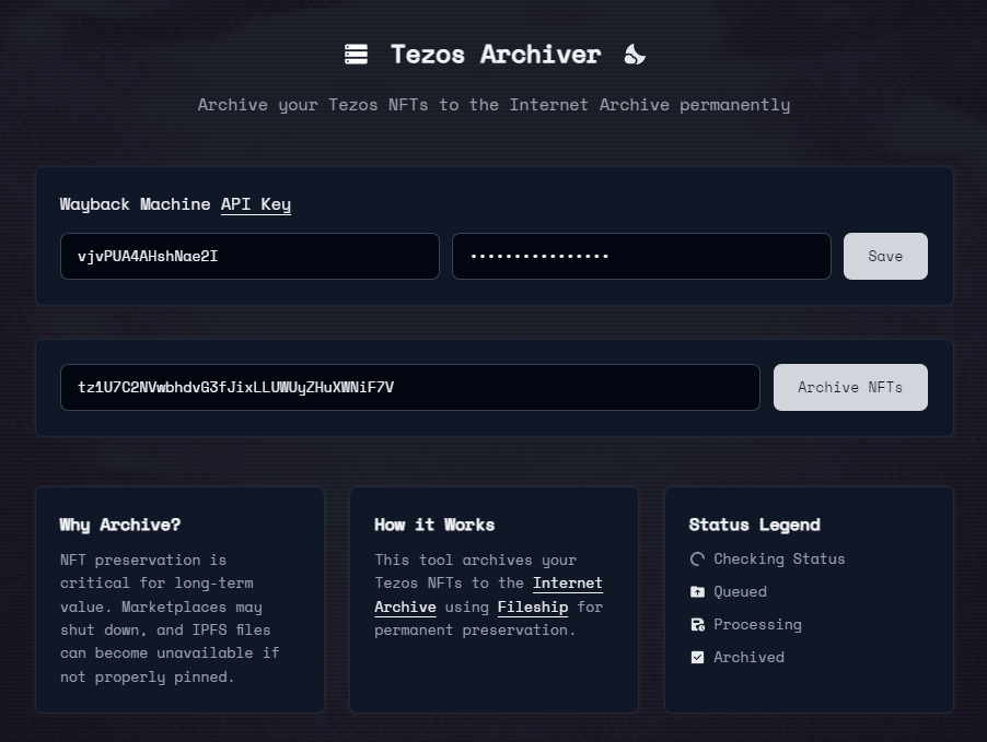 JackTezos's tweet card. Archive your Tezos NFTs to the Internet Archive permanently