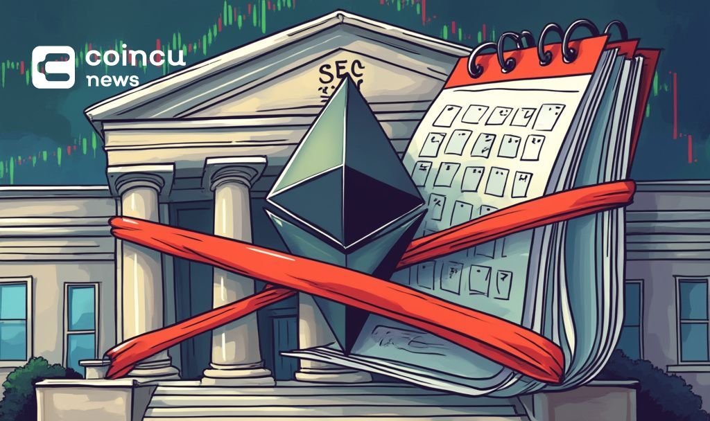 xentinel_mimir's tweet card. SEC postpones decision on Grayscale's Ethereum spot ETF staking feature, causing minimal market impact amid ongoing regulatory scrutiny.