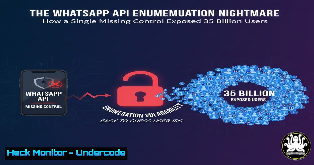 UndercodeUpdate's tweet card. The WhatsApp API Enumeration Nightmare: How a Single Missing Control Exposed 35 Billion Users - "Undercode Testing": Monitor hackers like a pro. Get real-time