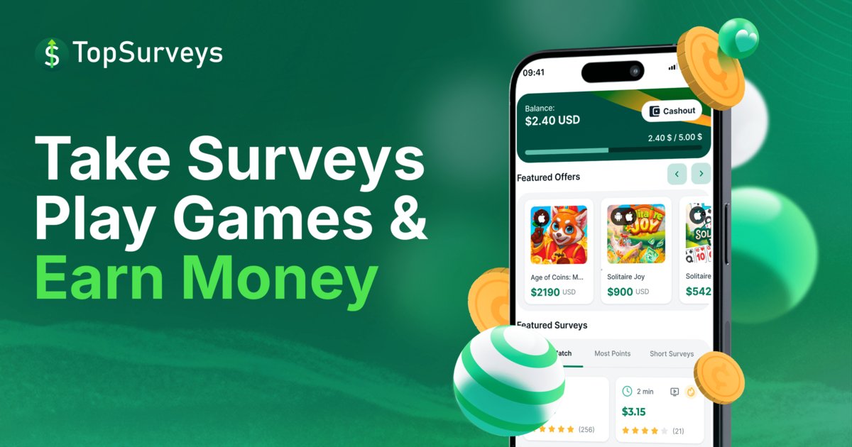 AWSurveys's tweet card. Sign up for free at TopSurveys. Earn real cash by playing games and taking surveys