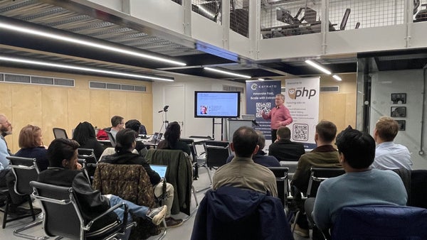 leedsphp's tweet card. This is a free in-person event, open to all. ★ The talks **18:30 –** **Arrive, pre-talks networking & pizzas 🍕** **19:00 – Symfony for The Aspiring PHP Musician - James