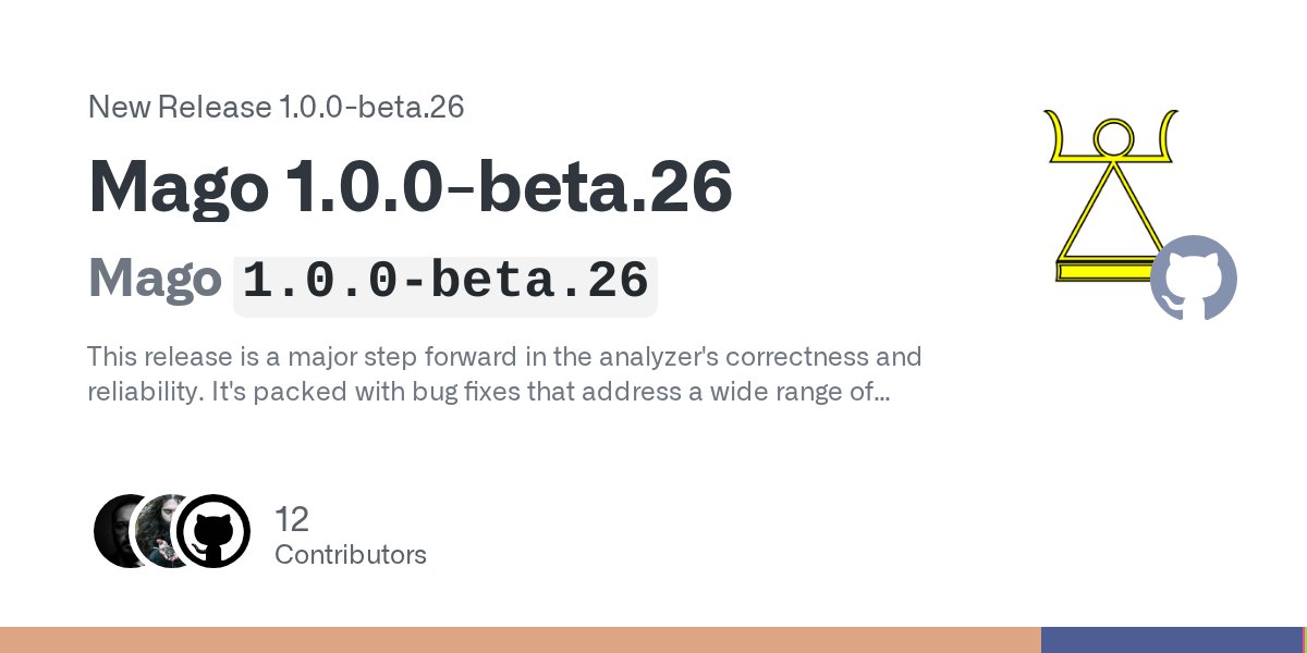 azjezz's tweet card. Mago 1.0.0-beta.26 This release is a major step forward in the analyzer's correctness and reliability. It's packed with bug fixes that address a wide range of issues, especially for advance...