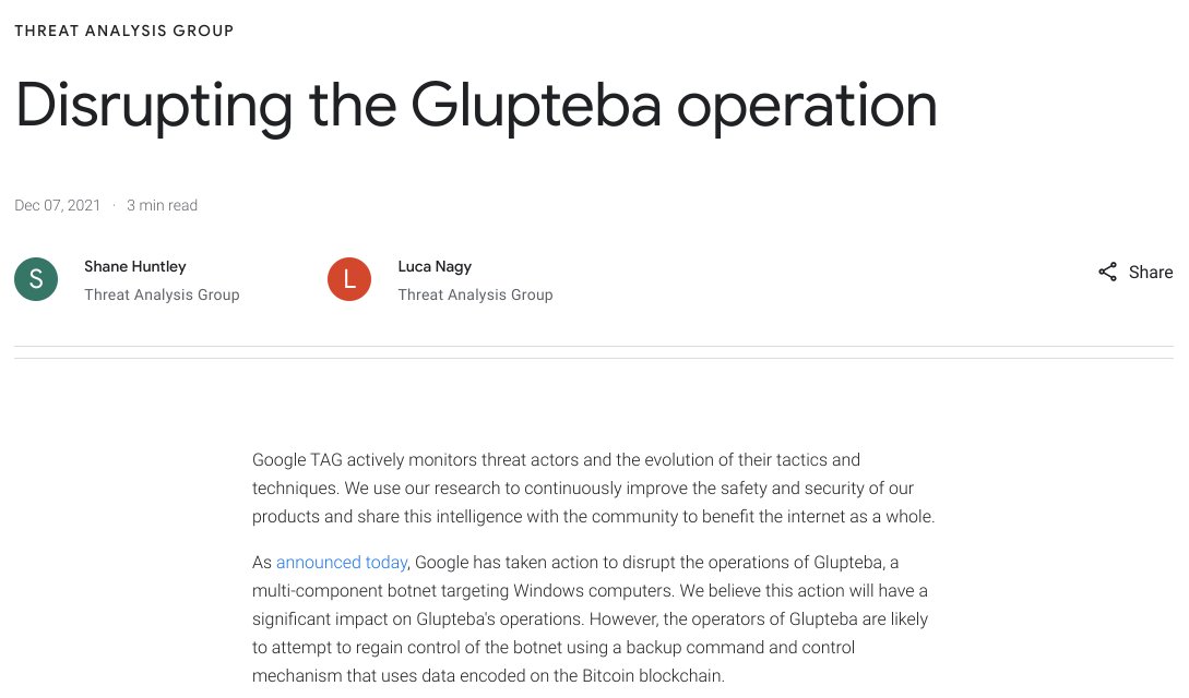 briankrebs's tweet card. Glupteba is a Windows malware monetizing through crypto currency mining, proxying malicious traffic, and stealing user cookies/credentials. We coordinated a clean up of Glupteba with key industry...