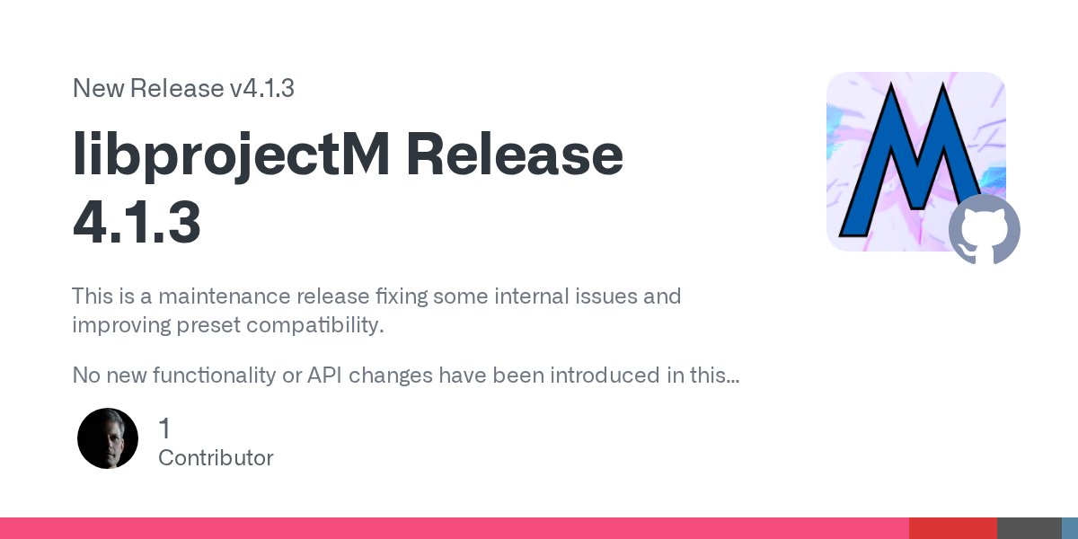 projectMViz's tweet card. This is a maintenance release fixing some internal issues and improving preset compatibility. No new functionality or API changes have been introduced in this release. What's Changed Fix wrong...