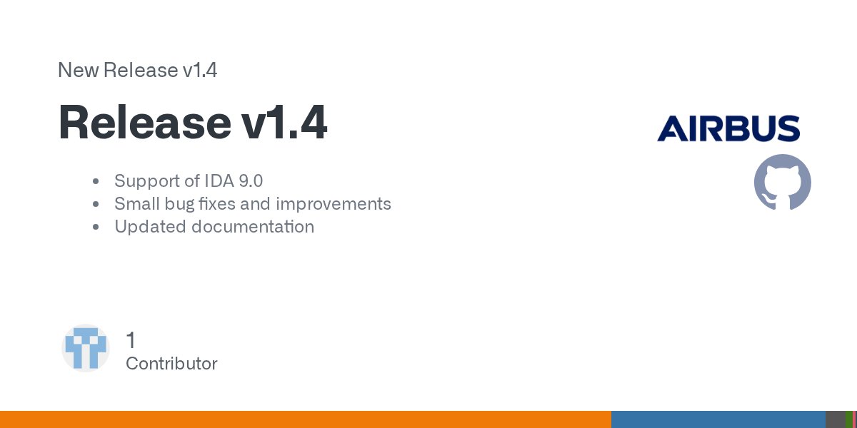 AirbusSecLab's tweet card. Support of IDA 9.0 Small bug fixes and improvements Updated documentation