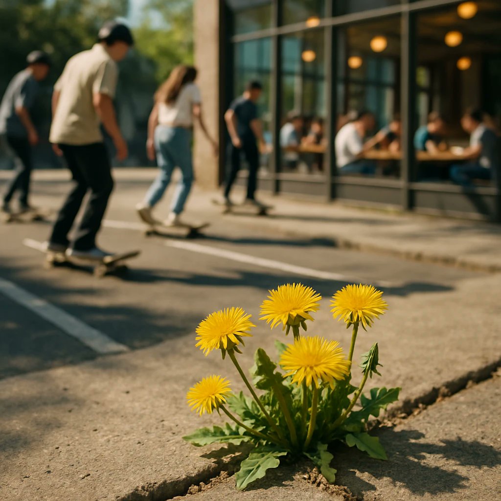 earthfakenewsjp's tweet card. やわらかい風が行き交う春の日、歩道の割れ目で育つ私たちタンポポ族は、ふしぎな光景に目を見張りました。葉の間からそっとのぞくと、灰色の地面に描かれた白線上で板を手足で操る人間の若者たち。そして近くの室内では、黒と白の石や平たき駒を交互に盤上に...
