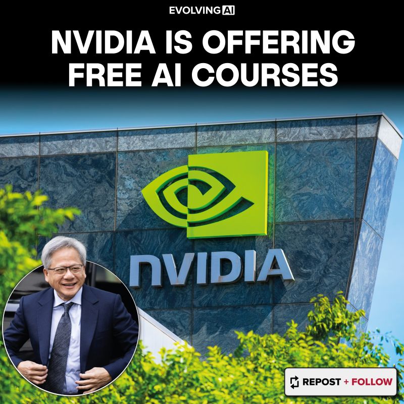eltallerdevoz's tweet card. NVIDIA just released FREE online courses on AI No payment required Here are 8 NVIDIA courses you don’t want to miss: 1. Generative AI Explained https://lnkd.in/giU_S3gc ↳ Understand how Generative AI...