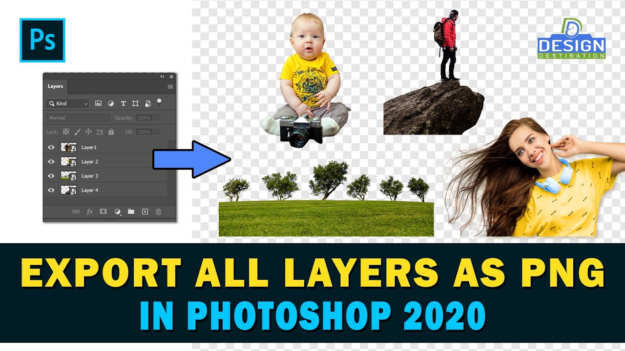 DesignDestini's tweet card. How To Export All Layer as Separate PNG in Photoshop 2020...
