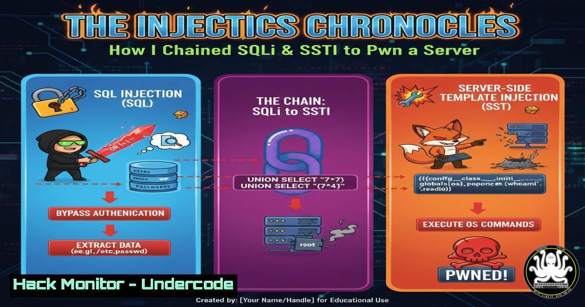 UndercodeUpdate's tweet card. The Injectics Chronicles: How I Chained SQLi and SSTI to Pwn a Server - "Undercode Testing": Monitor hackers like a pro. Get real-time updates, AI-powered
