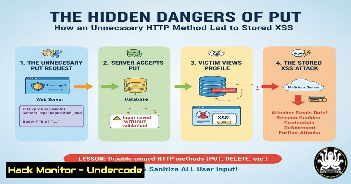 UndercodeUpdate's tweet card. The Hidden Dangers of PUT: How an Unnecessary HTTP Method Led to Stored XSS - "Undercode Testing": Monitor hackers like a pro. Get real-time updates,