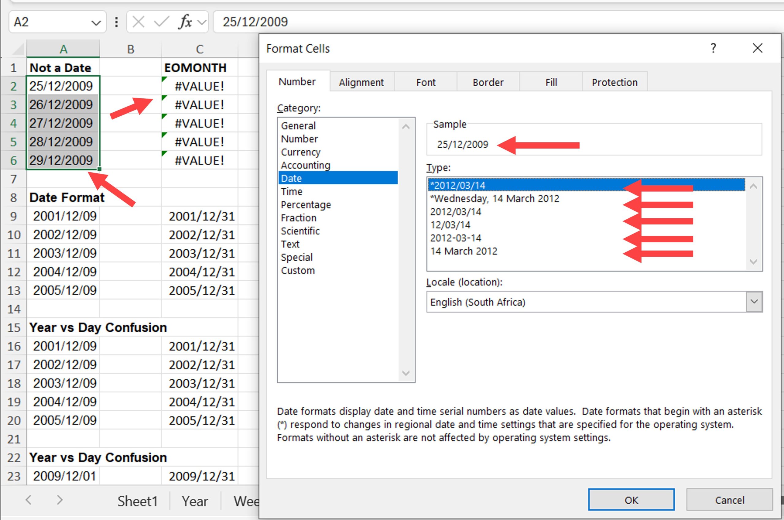 AuditExcel's tweet card. EOMONTH function not working in Excel? Giving a #Value error? Giving the wrong year? Four possible reasons and their fixes.