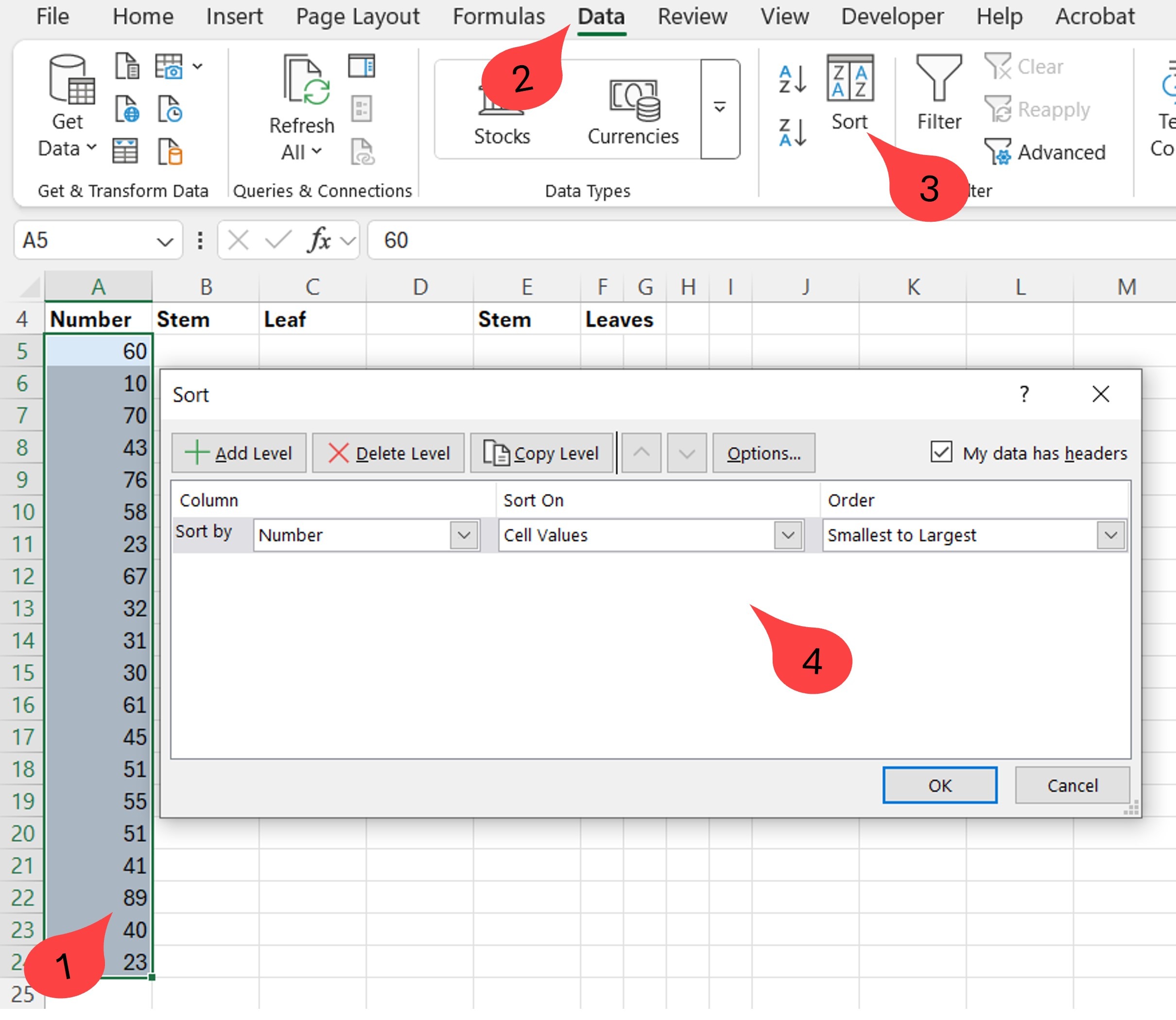AuditExcel's tweet card. Stem Leaf Chart in Excel using dynamic arrays. Get Excel to split the numbers and place them in a sorted Stem Leaf chart.