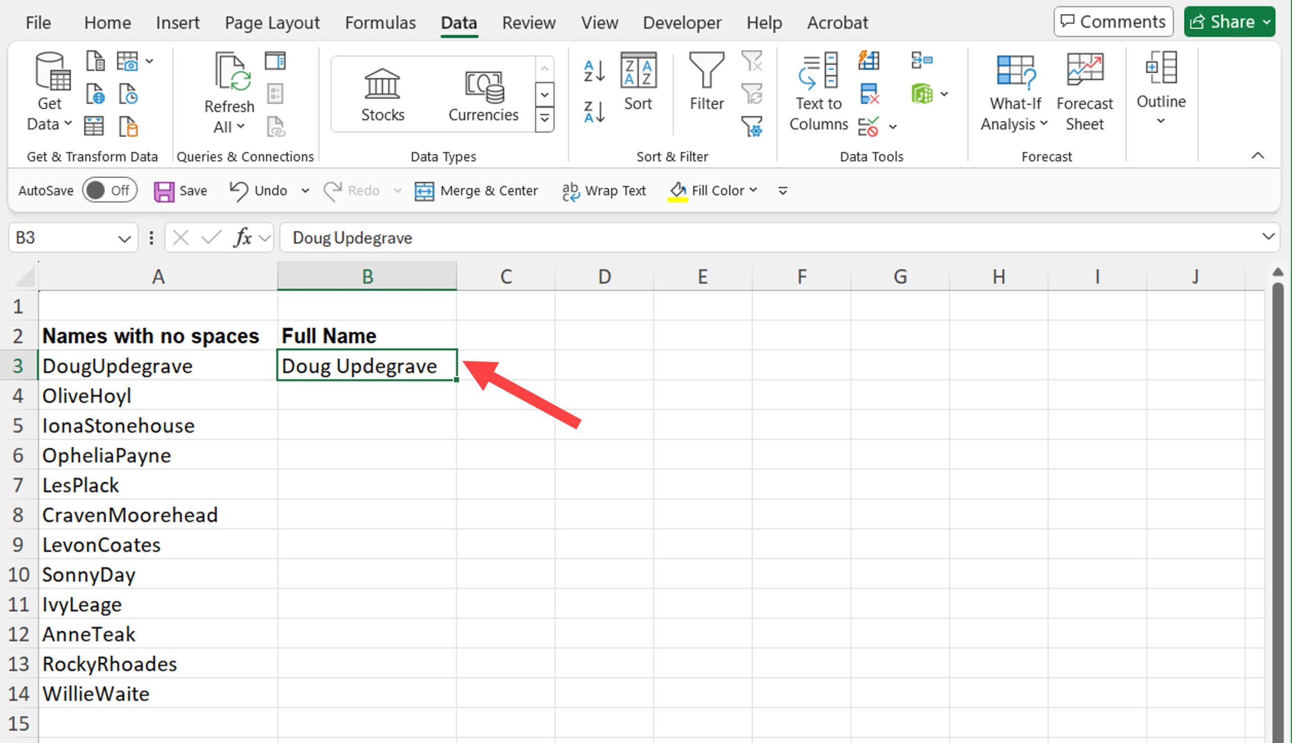 AuditExcel's tweet card. How to quickly add spaces between words in MS Excel e.g. where first name and surname are joined together.