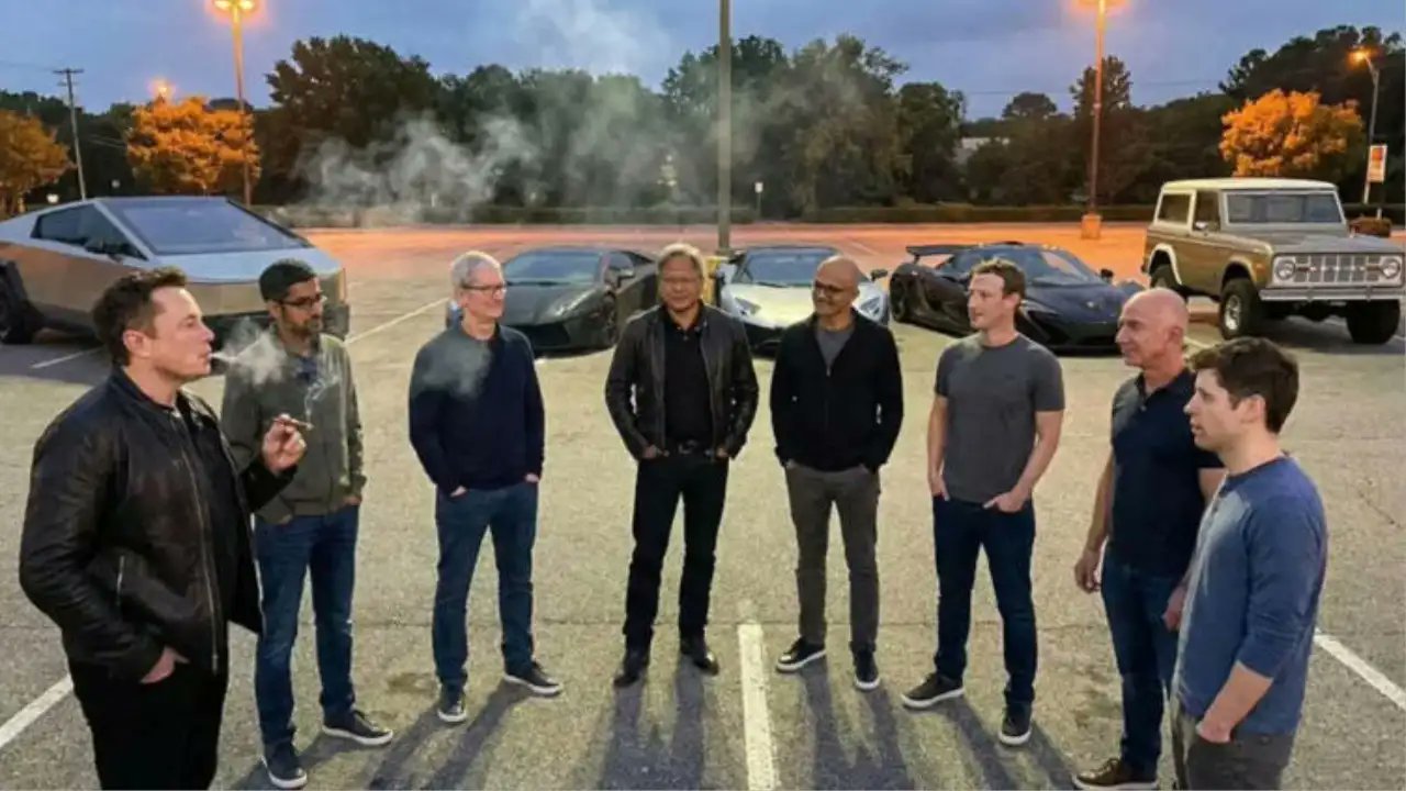 power_corridors's tweet card. The hyper-cinematic visual, featuring Musk with a cigar and Huang in his leather jacket, triggered massive meme waves across X.