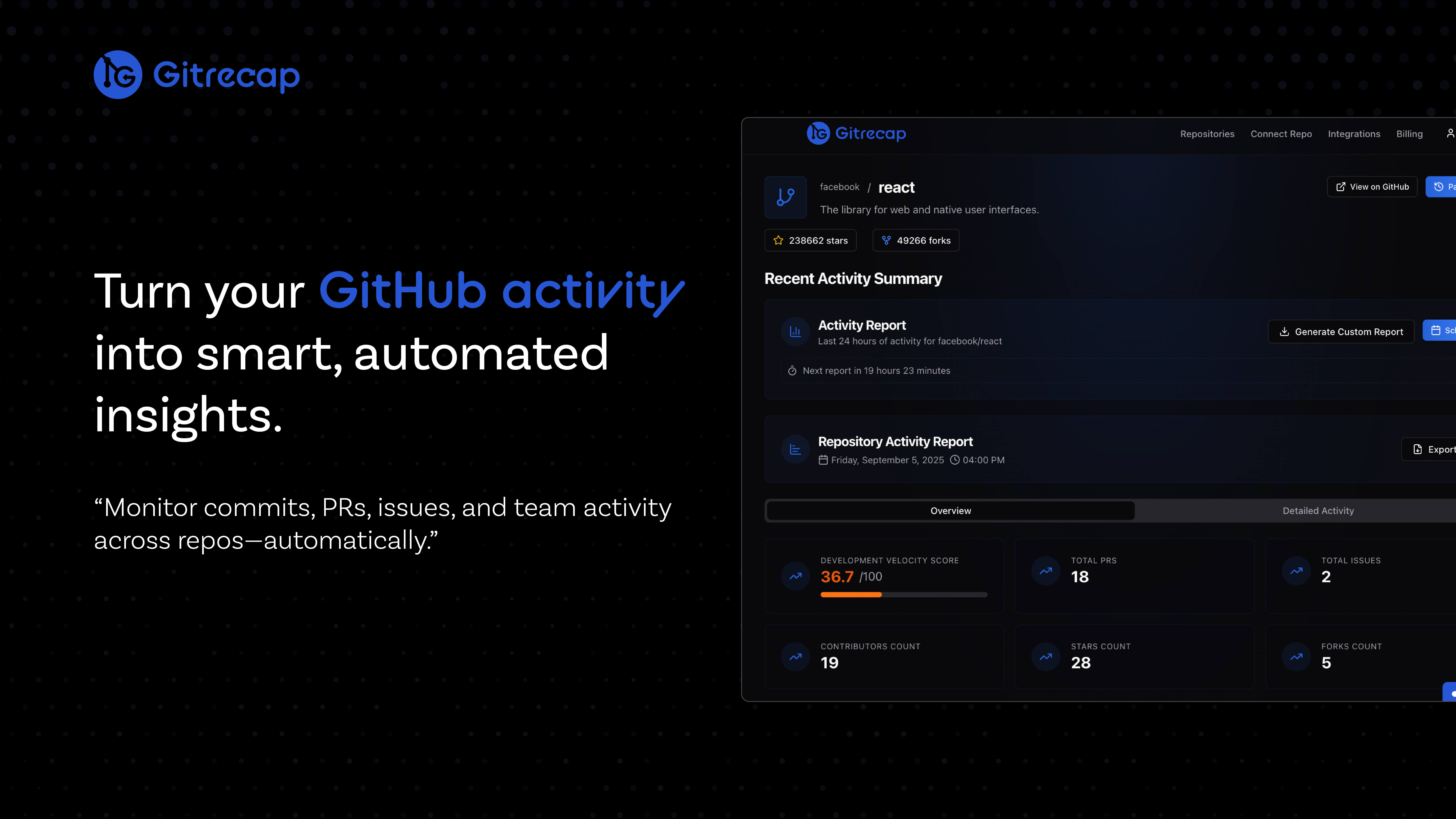 gitrecap's tweet card. GitHub activity tracker for engineering teams and open-source maintainers. Get automated daily/weekly reports on commits, PRs, and issues via Slack or email.