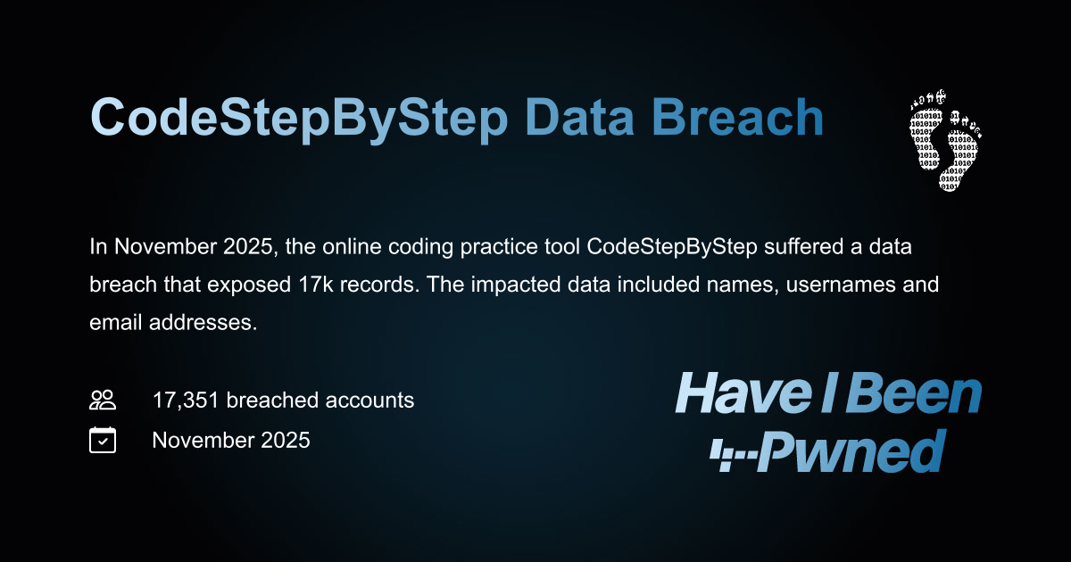 checkleaked's tweet card. In November 2025, the online coding practice tool CodeStepByStep suffered a data breach that exposed 17k records. The impacted data included names, usernames and email addresses.