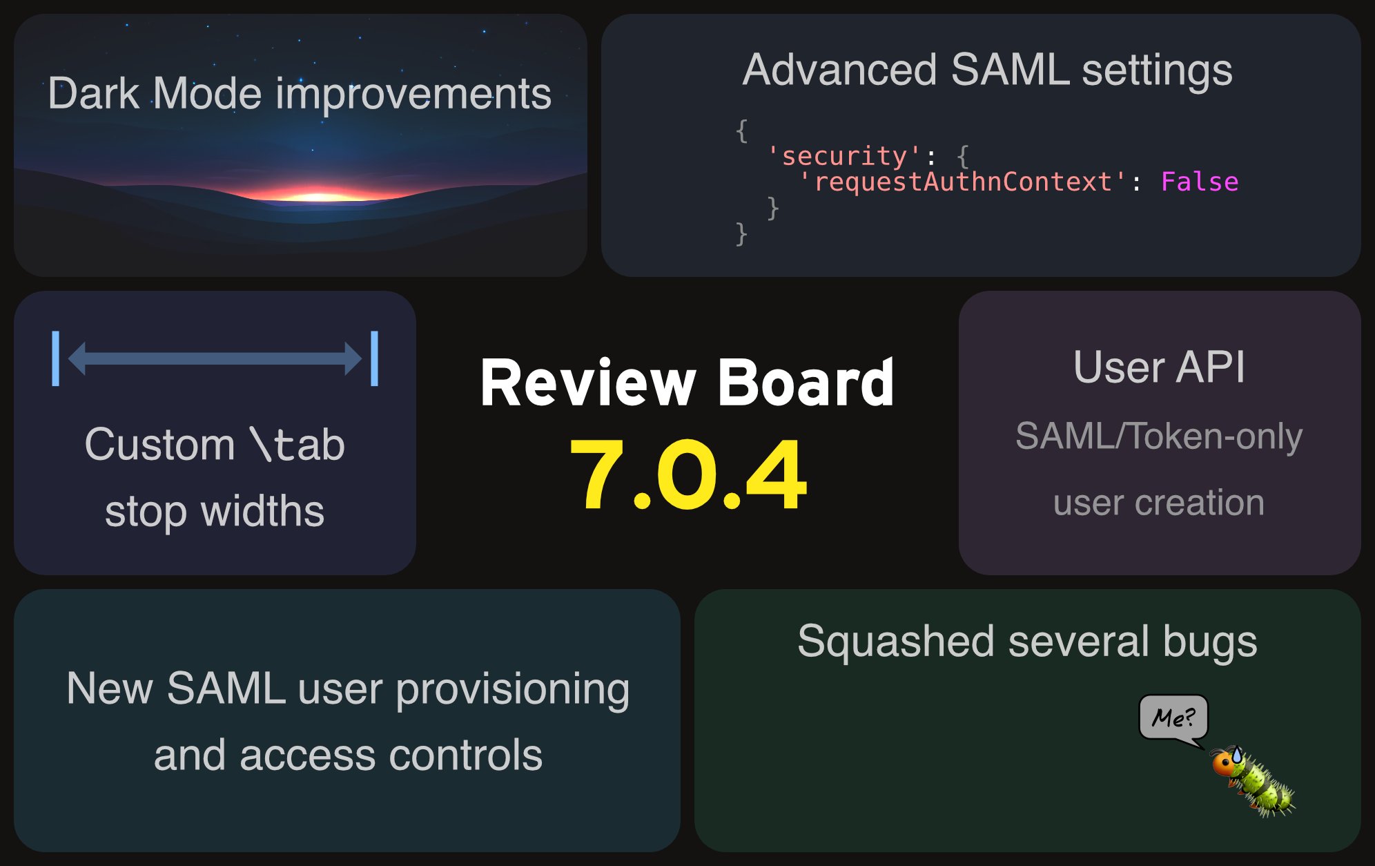 reviewboard's tweet card. Review Board 7.0.4 adds an assortment of new SSO SAML features to help meet the needs of IT departments everywhere, and long-awaited customization of tab stop widths in diffs. All-New SAML Settings...