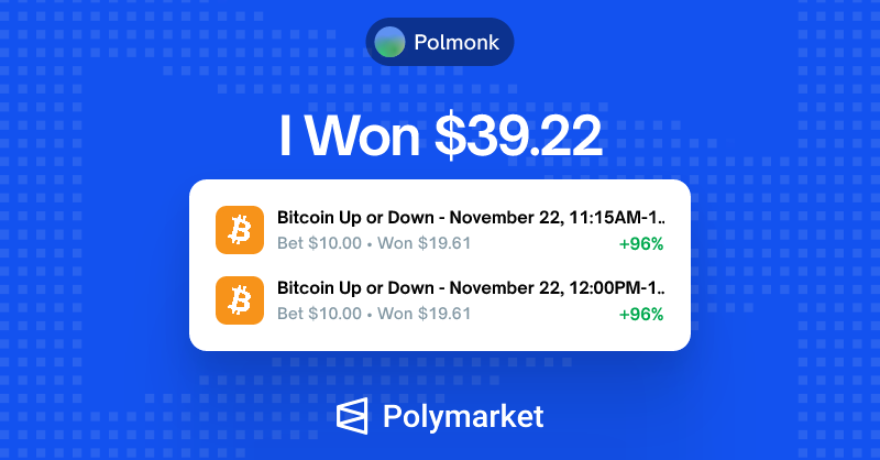 onchainmonk's tweet card. Check out my winning bets on Polymarket - I just redeemed $39.22 from 2 markets.