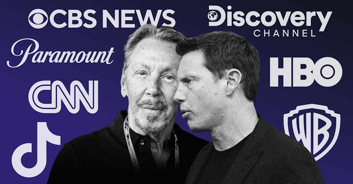 yleuutiset's tweet card. Teknomiljardööri Larry Ellison luo poikansa kanssa mediamammuttia, johon voi pian kuulua CNN, CBS, HBO, Hollywood-studioita ja osa Tiktokista. Taustalla häärii Donald Trump.