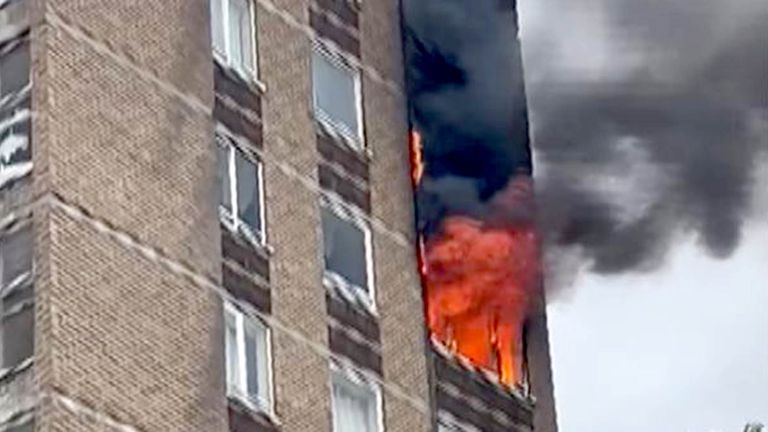 SkyNews's tweet card. Two flats in a building on Rosenthal Road in Catford, south London, were alight but the blaze was under control as of around 2.15pm, and there were no reports of any injuries. It comes on the day the...