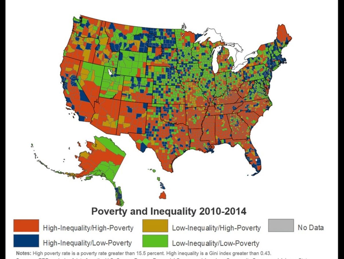 dccdudley's tweet card. Income inequality and poverty used to be separate phenomena in America. Today, it’s a different story: More than forty percent of U.S. counties have high rates of both.