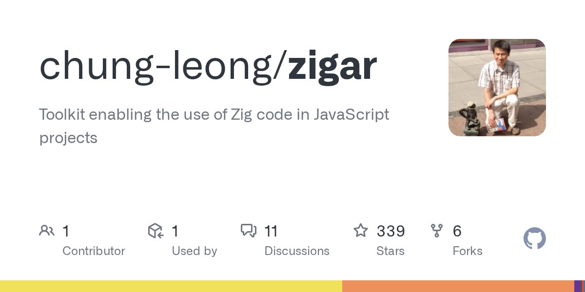 ZigDiscussions's tweet card. Toolkit enabling the use of Zig code in JavaScript projects - chung-leong/zigar