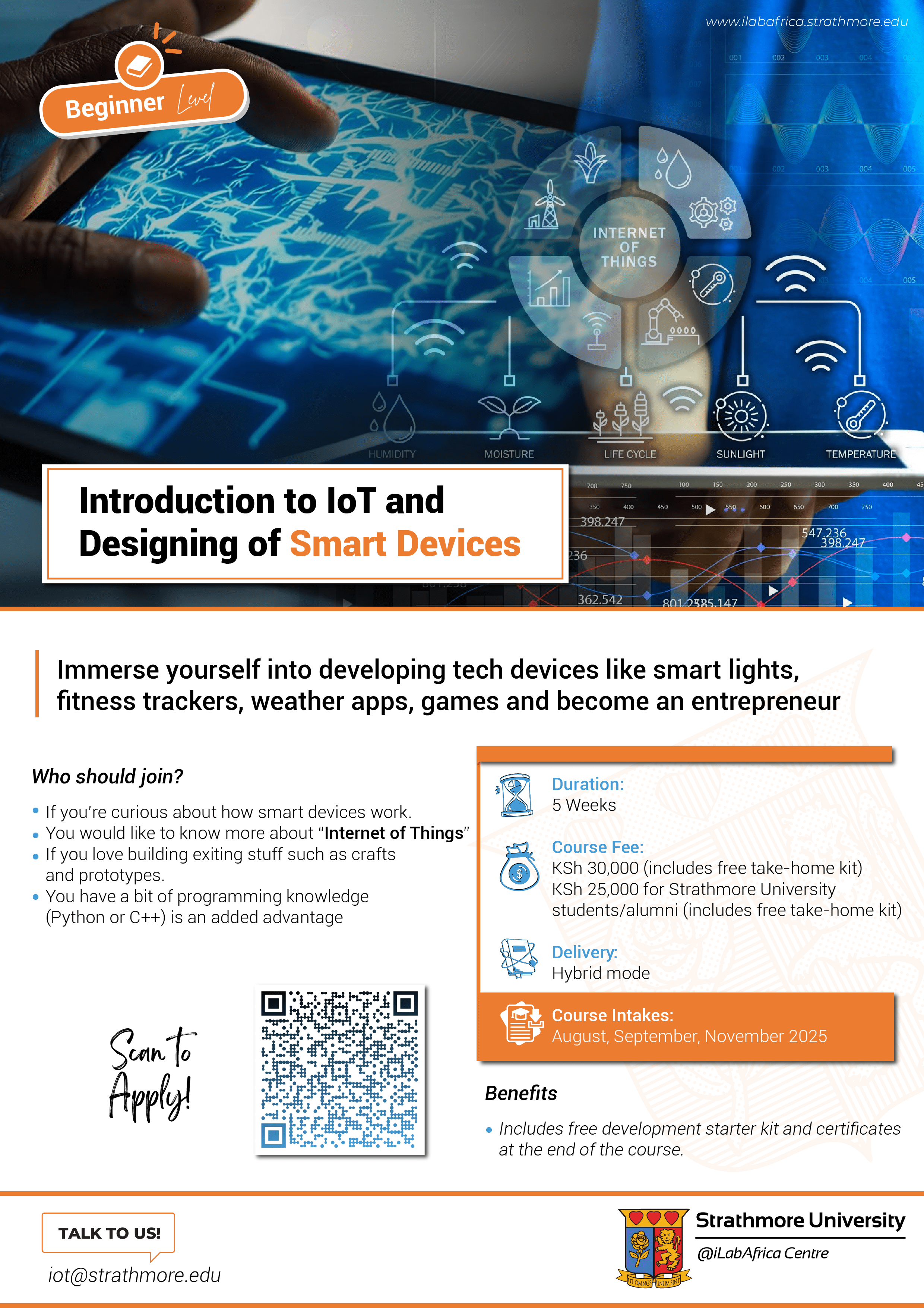 iLabAfrica's tweet card. Overview Perfect for Outcome Intakes Contact Information Overview Learn the basics of IoT and Designing of Smart Systems.Hands-on experience with Arduino, ESP32, and Raspberry Pi.Build simple IoT...