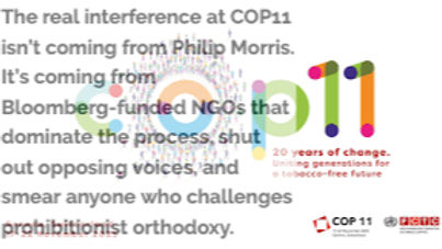 Algore09algor's tweet card. The real interference at COP11 isn’t coming from Philip Morris. It’s coming from Bloomberg-funded NGOs that dominate the process, shut out opposing voices, and smear anyone who challenges prohibiti...