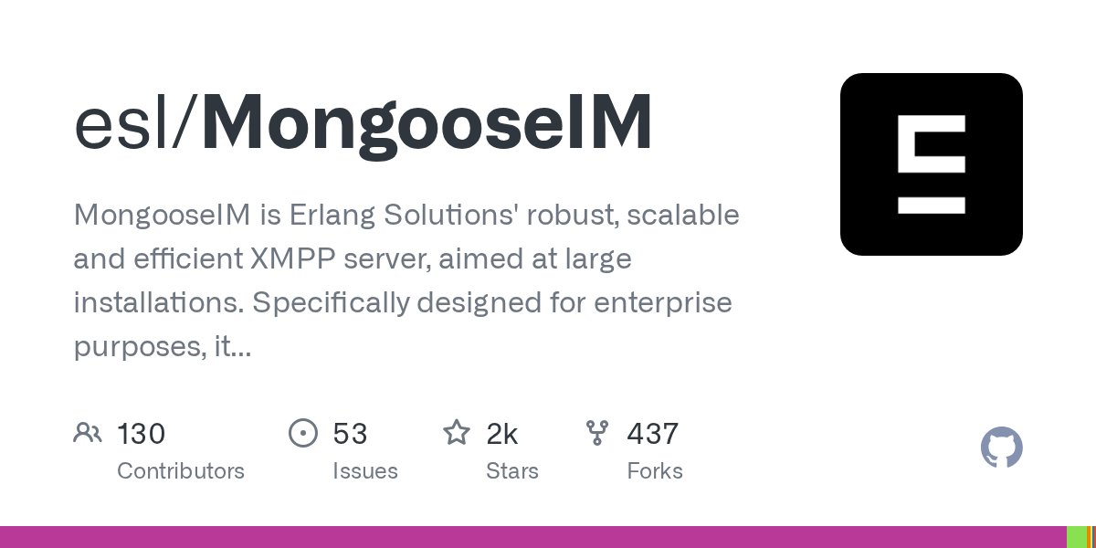 MongooseIM's tweet card. MongooseIM is Erlang Solutions' robust, scalable and efficient XMPP server, aimed at large installations. Specifically designed for enterprise purposes, it is fault-tolerant and can utilise...