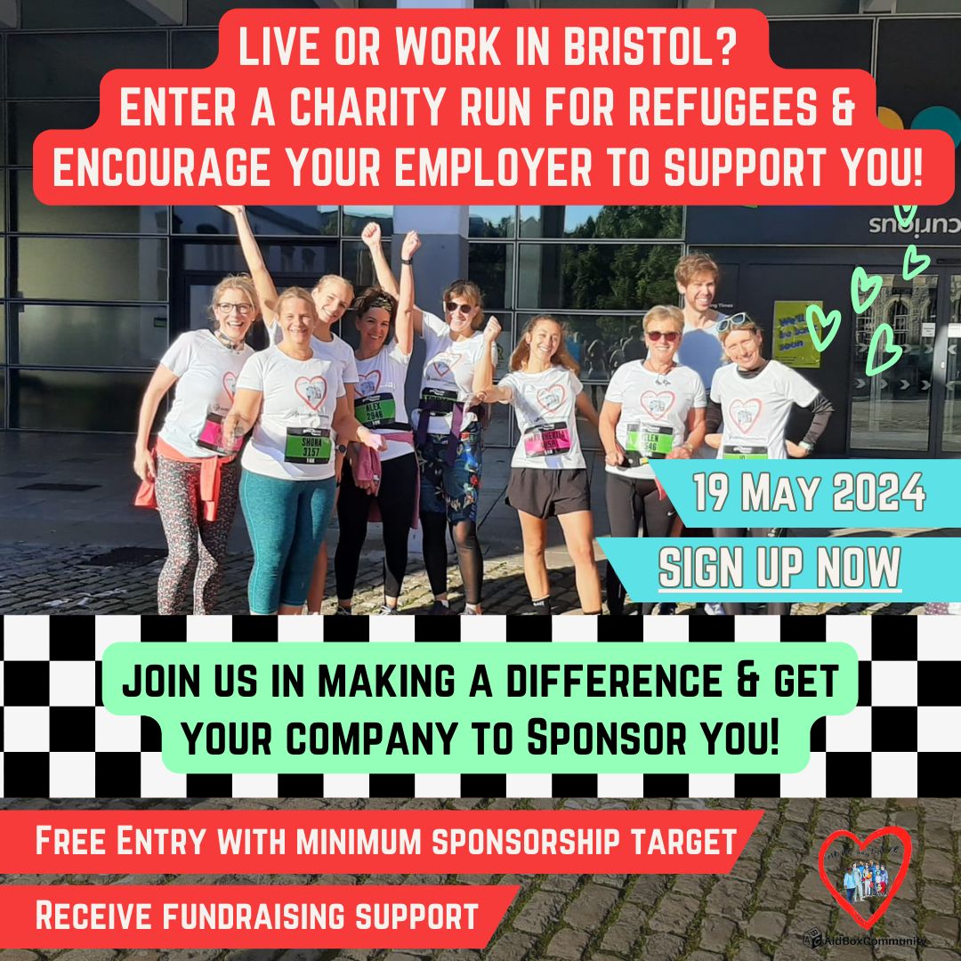 AidBoxCommunity's tweet card. Lead the way for employers to engage in their social responsibility and help make Bristol a welcoming city for forcibly displaced people! 🤗 ❤️ Aid Box Community aims to raise funds to support...