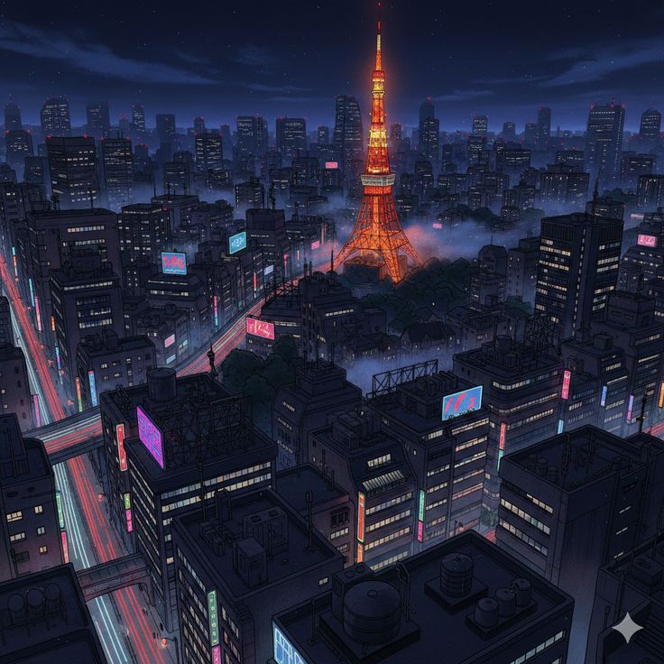 fer92767's tweet card. Tokyo Night — Retro Anime Aesthetic 1980s Cel Shading