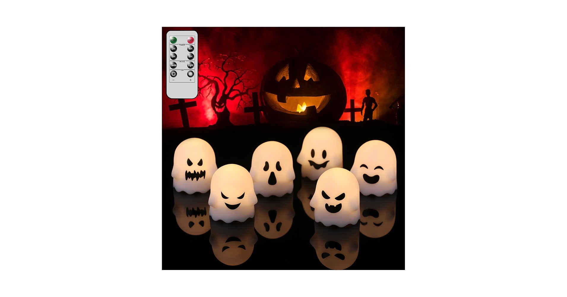 Amazon_Deals420's tweet card. Velas votivas parpadeantes sin llama blancas que funcionan con pilas con control remoto de 10 teclas y temporizador, paquete de 6 velas LED de luz cálida en forma de fantasma de aspecto espeluznante...