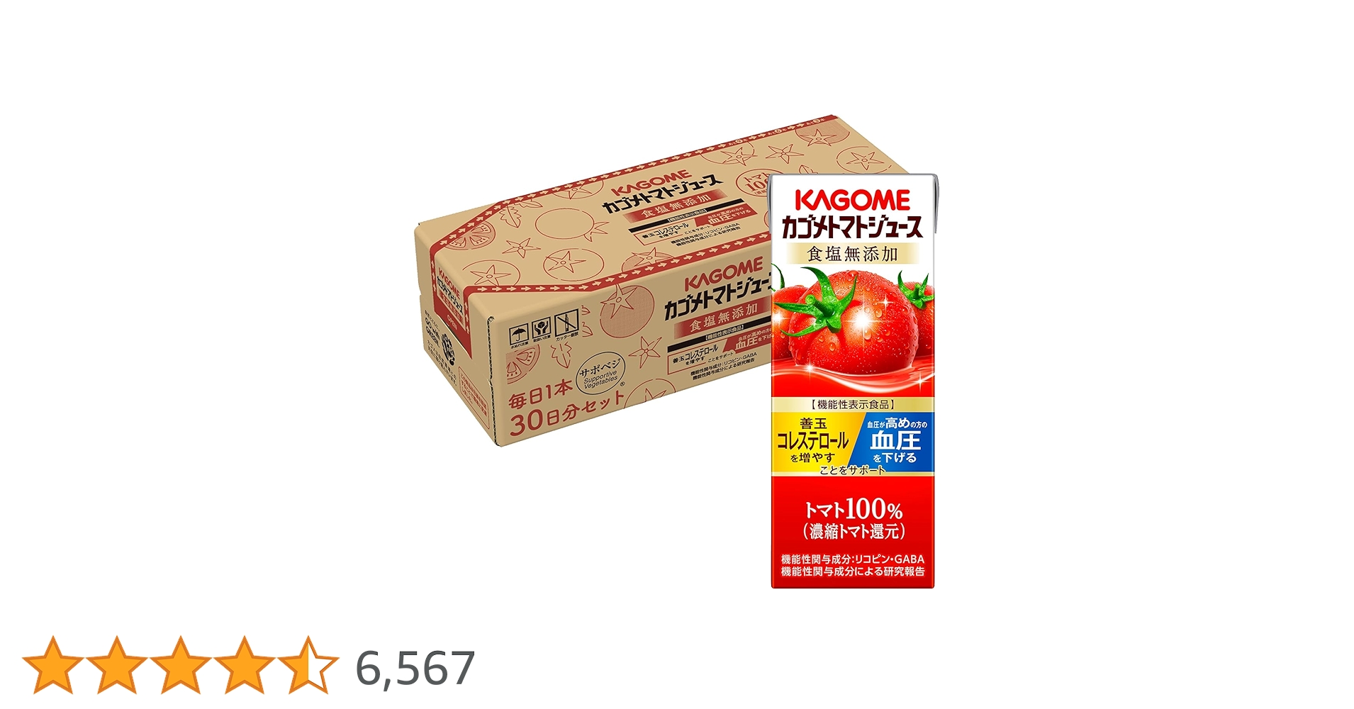 MitaraKae's tweet card. 商品紹介 カゴメ カゴメトマトジュース 食塩無添加 200ml×30本 フル段ボールは、機能性表示食品です。本品にはリコピンとGABAが含まれます。リコピンには血中HDL(善玉)コレステロールを増やす機能が、GABAには高めの血圧を下げる機能があることが報告されています。血中コレステロールが気になる方や血圧が高めの方にお勧めです。1日1本(20 0ｍｌ)を目安にお召し上がりください。...