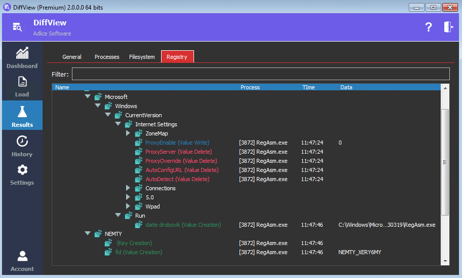 AdliceSoftware's tweet card. With DiffView, track modifications made by a program or a malware on the filesystem and the registry. Generate a report of the captured results.
